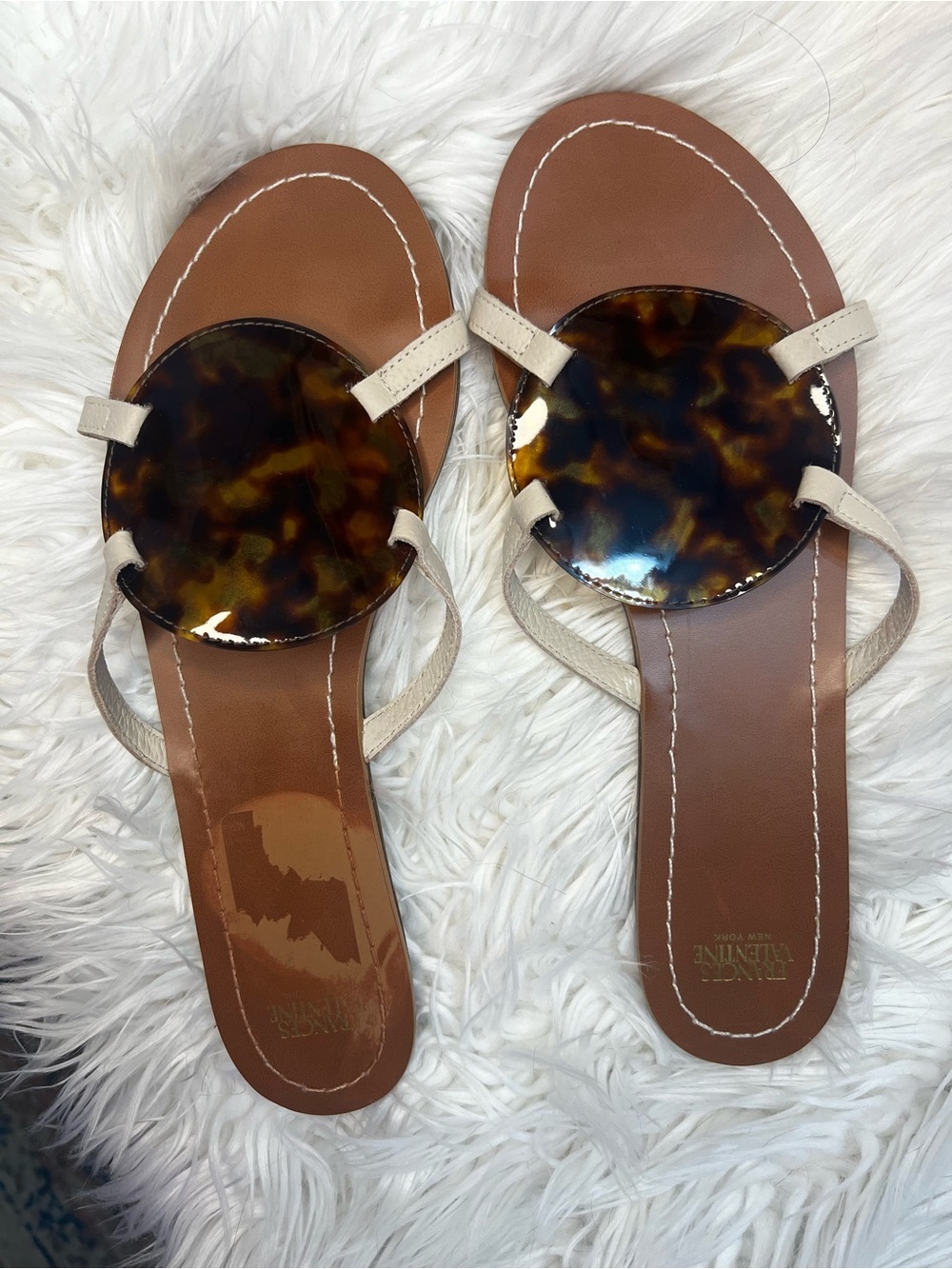 Frances Valentine Cream Strappy Sandals with Tortoiseshell Disc - Picture 2 of 10